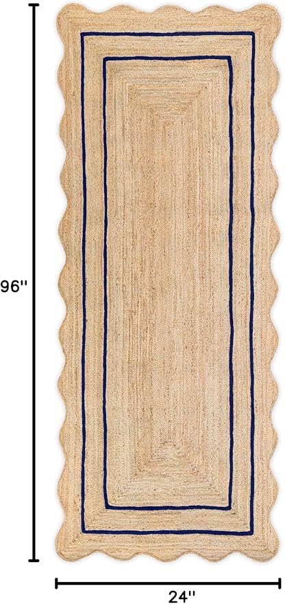 Wave Scalloped Natural Jute Runner, Navy (2'x8'): Boho Farmhouse Scallop Entryway Rug