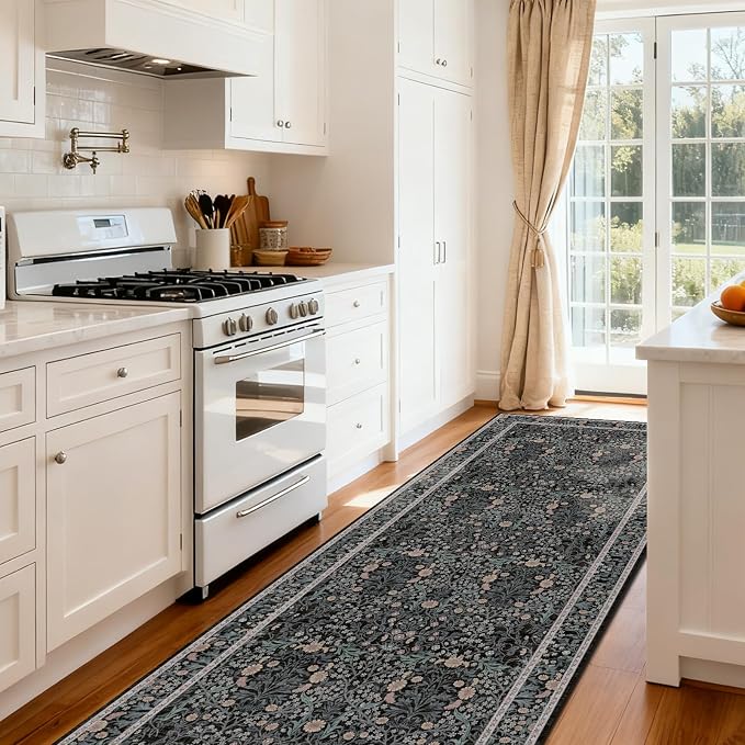 Washable 2'6" x 10' Runners for Hallways, Non Slip Long Floor Runner for Kitchen, Entryway Indoor, Stain Resistant Rubber Backing Floral Decor Rug (Black)