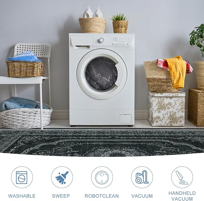 8x10 Large Area Rugs for Living Room, Black Low Pile Machine Washable Rug for Bedroom, Non-Slip Floral Print Durable Vintage Carpet for Dinning Room, Kitchen, Outdoor
