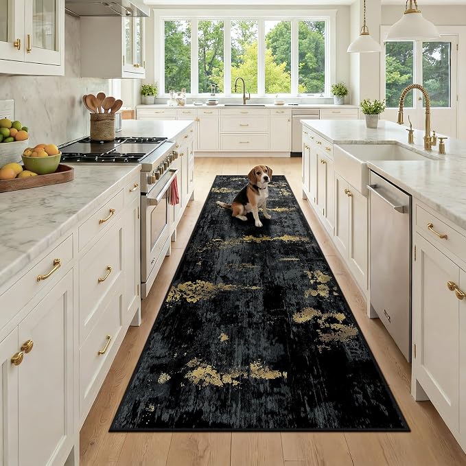 RELEANY Washable Area Rugs 3x9 Non-Slip Modern Abstract Soft for Living Room Entryway Bedroom Kitchen, Print Pattern, Dark Black Gold