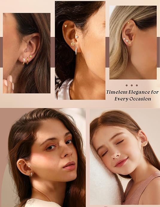 LOLIAS Flat Back Earrings for Women Girls - Hypoallergenic Surgical Stainless Steel Earrings for Sensitive Ears 14K Gold Plated Heart Flower Stud Earring Set Small Huggie Hoop Cartilage Earring Stacks