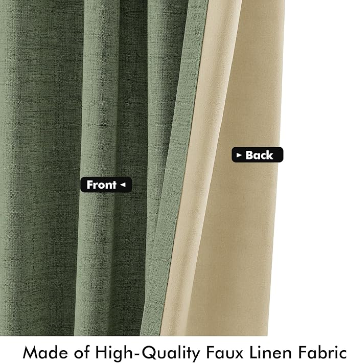MIULEE 100% Blackout Linen Curtains 42 x 72 Inch Olive Green 2 Panels | Thermal Insulated, Room Darkening Drapes for Bedroom Living Room, Back Tab Rod Pocket Pinch Pleated, Solid Luxury Decor