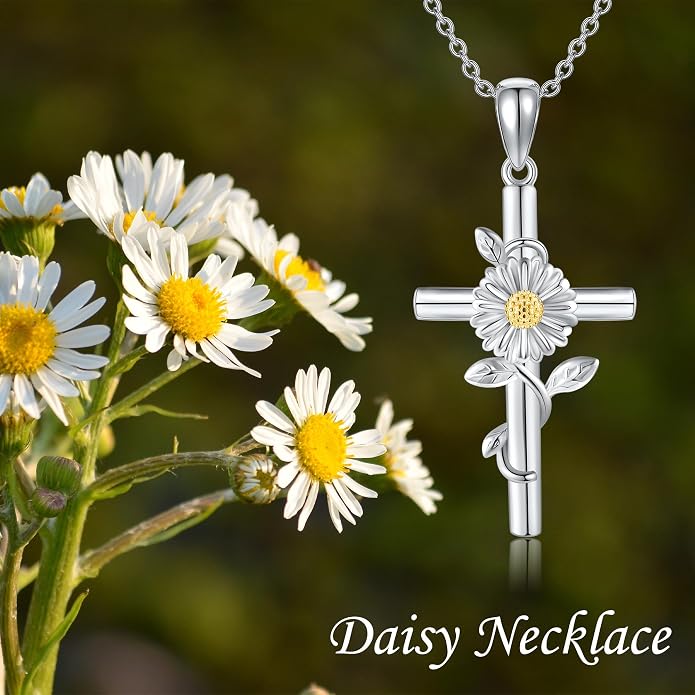 Flower Cross Necklace 925 Sterling Silver Carnation/Rose/Lily/Daisy Cross Necklace Birth Flower Jewelry for Women