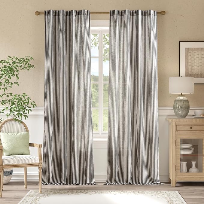 jinchan Linen Curtains 96 Inch Black Stripe on Beige Back Tab 2 Panels | Curtains For Living Room Bedroom,Ticking Stripe, Farmhouse Cottage Core Rustic,Rod Pocket Window Treatment,Light Filtering