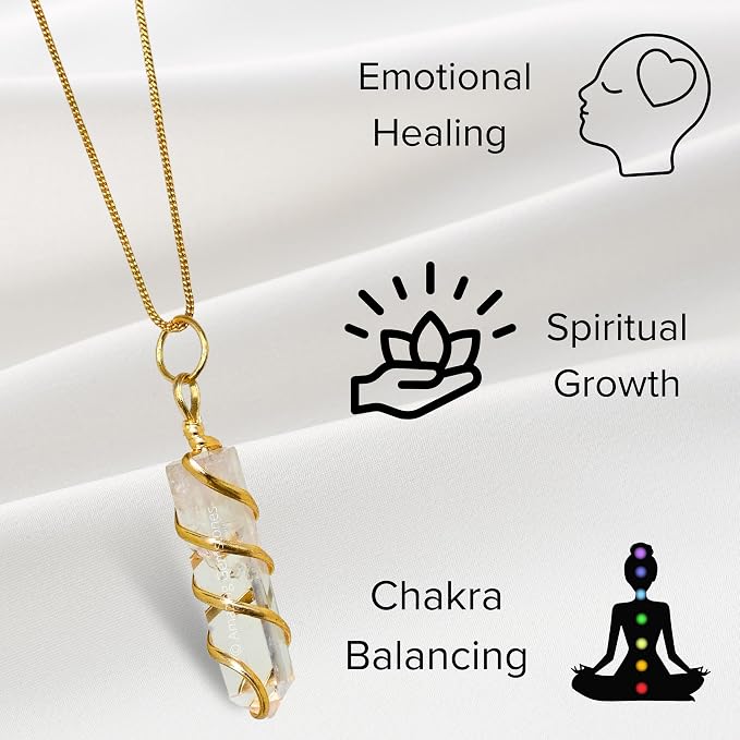 Amazing Gemstone Clear Quartz Crystal Necklace Pendant For Women, Gold Wire Wrapped Dainty Minimalist Healing Crystal Necklaces For Men Kids Unisex Necklace Jewelry With 20 Inches Adjustable Chain & Leather Cord