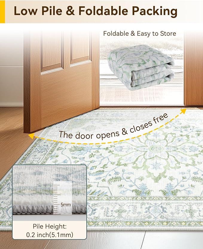 RELEANY Area Rugs 6'x8' Washable Non-Slip, Floral Vintage Distress Medallion Carpet for Living Room Bedroom Dining Room, Green White Blue