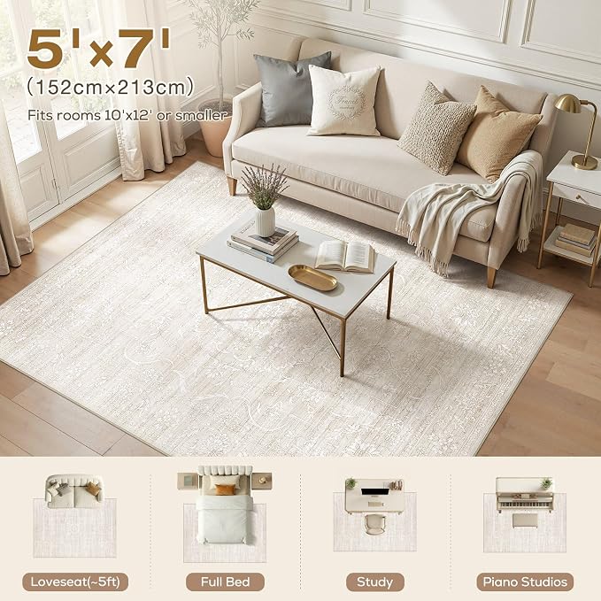 Nakagishi 5x7 Area Rugs Living Room: Washable Large Vintage Rug Neutral Non-Slip Soft Stain Resistant Indoor Carpet for Bedroom Nursery Dining Room Office Playroom - Beige White