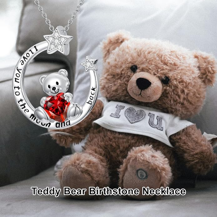 PELOVNY Teddy Bear Necklace for Women 925 Sterling Silver Bear/Highland Cow/Fox/Cat/Axolotl Birthstone Necklace Christmas Birthday Jewelry Gifts for Mom Daughter Wife Sister