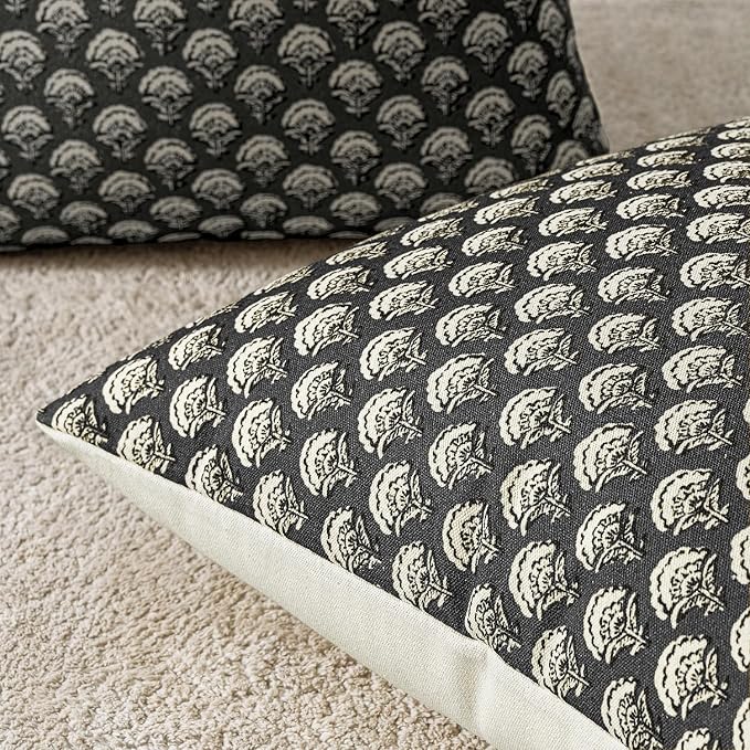 MIULEE Set of 2 Decorative Floral Pillow Covers Neutral Vintage Fall Throw Pillows Block Print Boho Farmhouse Cushion Covers for Modern Spring Home Decor Couch Sofa Bed Living Room, 20x20 Inch, Black