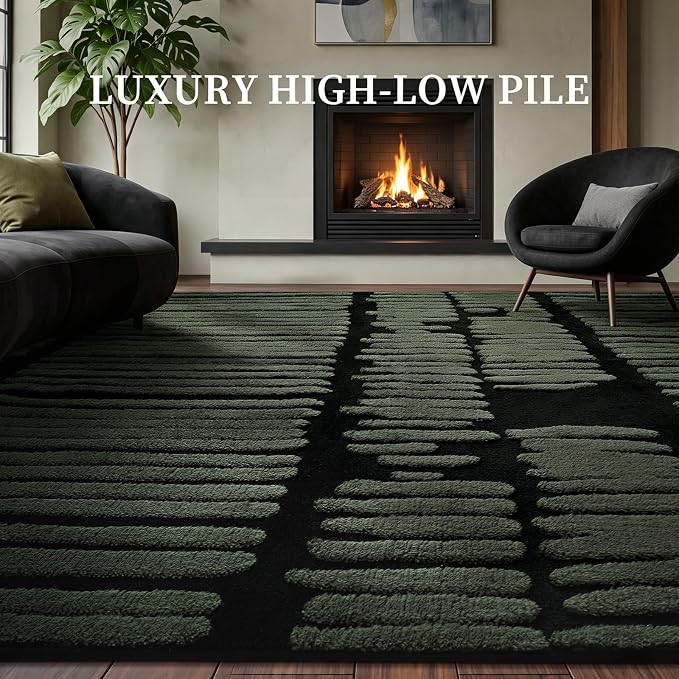 YIHOUSE Abstract 8x10 Area Rug Olive Green: Washable Geometric Rug | Modern, Textured High Low Pile, Fluffy Soft, Striped Carpet for Living Room, Bedroom, Dining Room, Home Office Decor