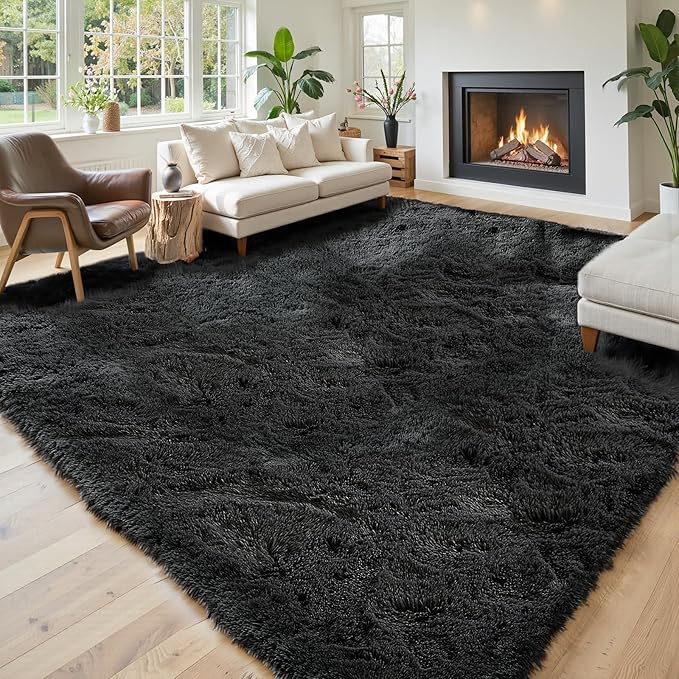 Area Rugs 10x14 Living Room, Shaggy Carpet Soft Plush Furry Bedside Rug Large Area Rugs for Bedroom Home Decor Anti Slip(10 x 14, Black)
