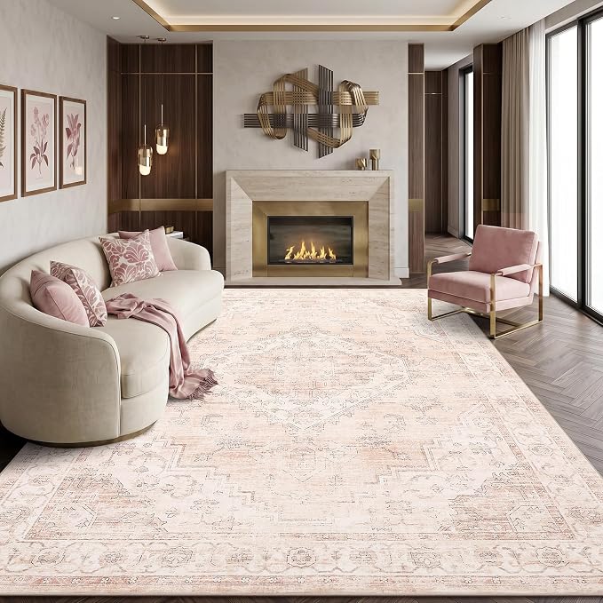 Garvee Pink 10x13 Area Rugs for Living Room, Boho Vintage Non-Slip Washable Rug Low Pile Stain Resistant Soft Foldable Large Carpet for Bedroom Dining Home Decor