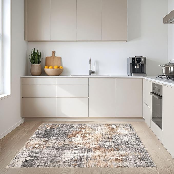 DMOYEST Area Rug Living Room Rugs - 4x6 Abstract Small Soft Indoor Washable Rug Neutral Modern Low Pile Carpet for Bedroom Dining Room Farmhouse Home Office - Grey Brown