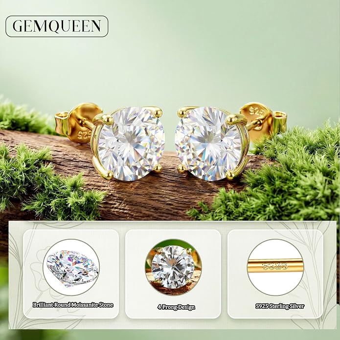 Moissanite Stud Earrings : 18K White Gold Plated Solid 925 Sterling Silver Earring Hypoallergenic Dainty Flat Back Stud Earrings Jewelry for Women Men D Color VVS1 Clarity