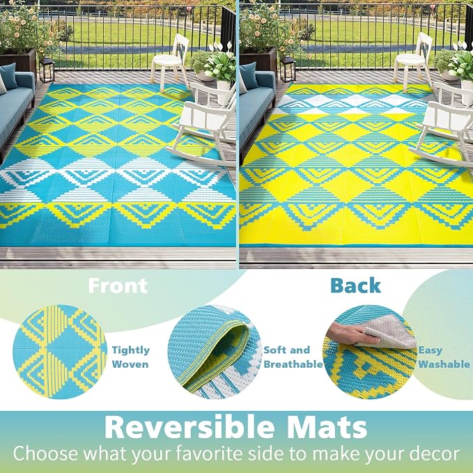 Beeiva Large Outdoor Rug 9x12 Waterproof for Patio, Reversible Outdoor Patio Rug for Backyard, Deck, Blue Yellow