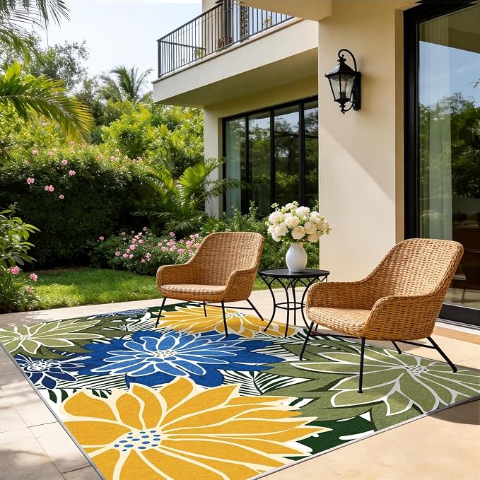 ZonLi Colorful Outdoor Rug 6x9Ft Waterproof Multicolored Indoor Area Rug Washable Outdoor Patio Rugs Tropical Floral Non Slip Outdoor Carpet for Living Room, Pool,Backyard,Deck,Camping