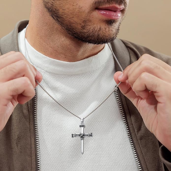 Crown of Thorns Necklace for Men 925 Sterling Silver Nail Cross Necklace Pendant Religious Christian Jewelry Valentines Day Gifts for Men