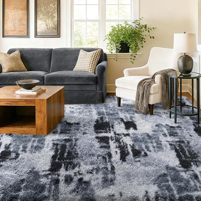 9x12 Extra Large Area Rugs for Living Room, Shaggy Non-Slip Tie-Dyed Rugs for Bedroom Kids Playroom Dorm Room, High Pile Ultra Soft Carpet, Blue
