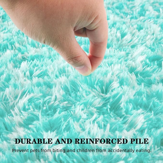 Fluffy Rug for Living Room, Soft Modern 8x10 Green and White Shag Area Rugs | Non Slip Green Carpet for Bedroom, Home Decor Aesthetic, Washable Large Fuzzy Plush Floor Mat for Nursery Teen Dorm