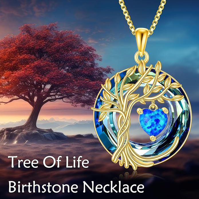 POPLYKE Mothers Day Gifts for Mom Her Wife Tree of Life Necklace 925 Sterling Silver Birthstone Pendant with Crystal Anniversary Birthday Wedding Jewelry for Women