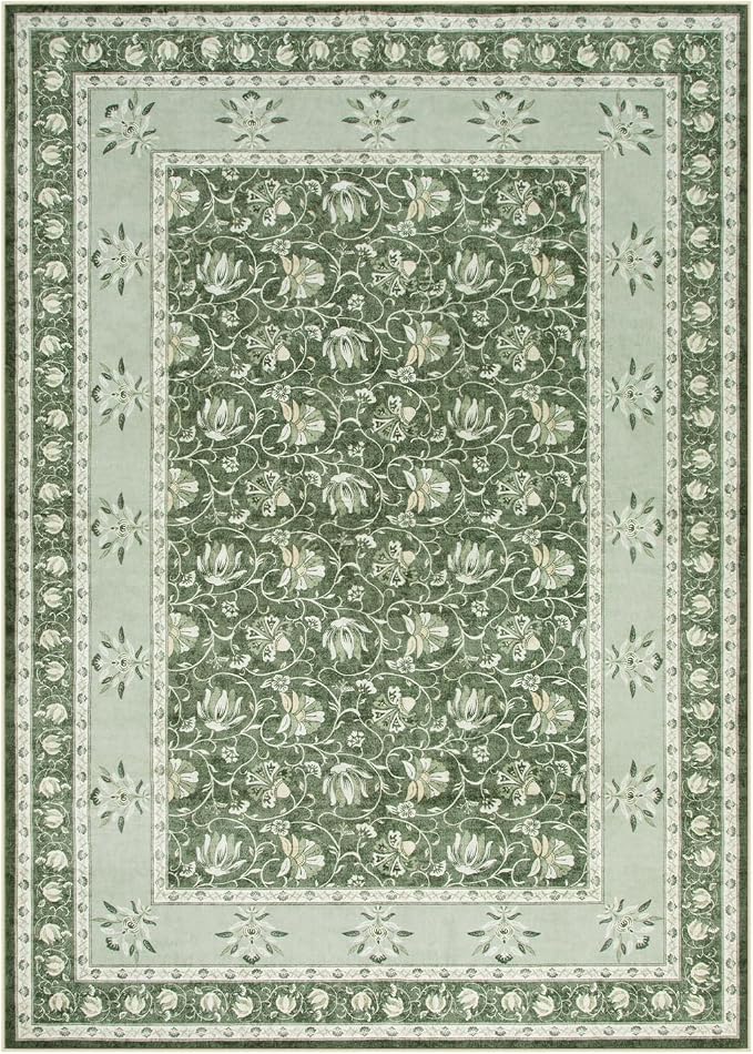 Lahome Floral Green Rugs for Bedroom, Non Slip Washable Rugs 5x7 Rug for Living Room, Stain Resistant Vintage Floral Rug for Dining Room Office (5'x7', Green)