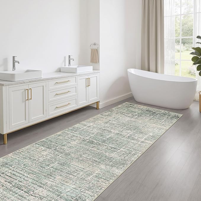 Runner Rug Non-Slip Kitchen Rug: 2x6 Washable Abstract Modern Soft Stain Resistant Indoor Floor Neutral Accent Throw Carpet for Hallway Bathroom Laundry Room Bedroom Entryway- Green