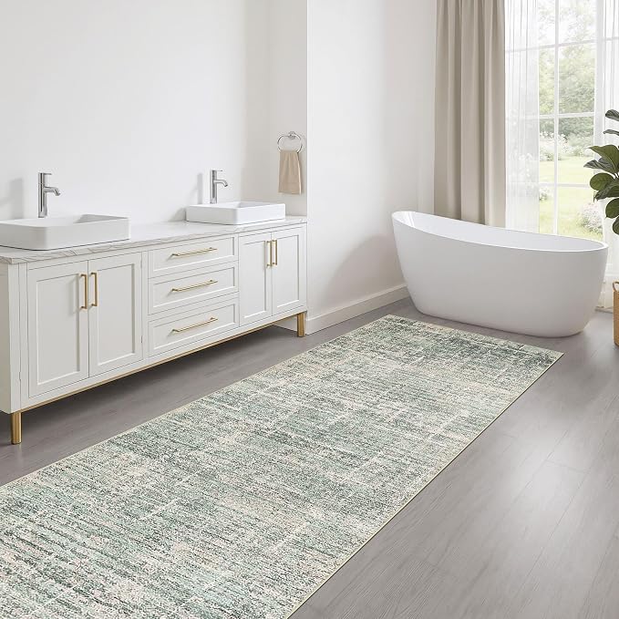 Runner Rug Non-Slip Kitchen Rug: 3x10 Washable Abstract Modern Soft Stain Resistant Indoor Floor Neutral Accent Throw Carpet for Hallway Bathroom Laundry Room Bedroom Entryway- Green