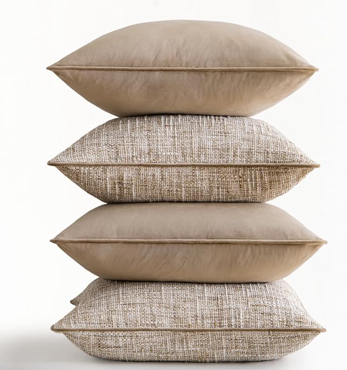 a moment Khaki 4 Pack Throw Pillow Covers - Chenille & Velvet Set with Piping, Farmhouse Textured Design Pillow Cases for Couch Sofa Bed Livingroom (22x22 Inch, No Insert)
