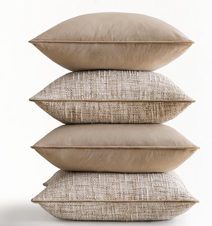 a moment Khaki 4 Pack Throw Pillow Covers - Chenille & Velvet Set with Piping, Farmhouse Textured Design Cushion Cases for Couch Sofa Bed (18x18 Inch, No Insert)