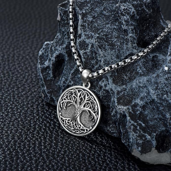 Tree of Life Necklace 925 Sterling Silver Round Tree of Life Pendant Jewelry for Men Women, w/Stainless Steel Chain 22''+2''