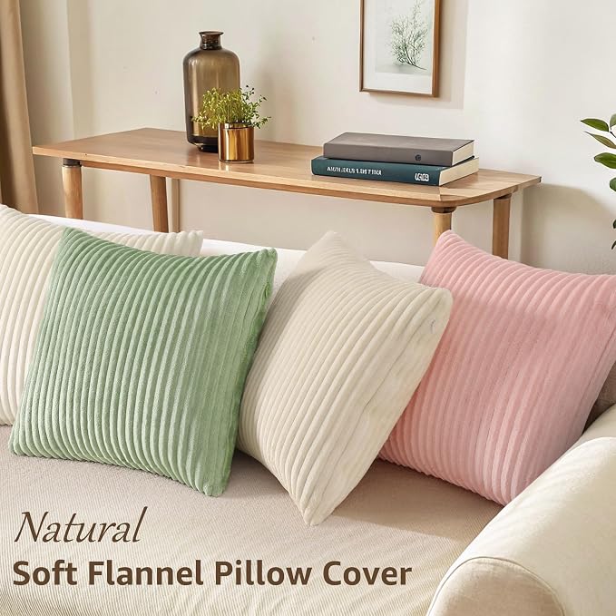 decorUhome Flannel Neutral White Throw Pillow Covers 20X20 Set of 4 | Decorative Fall Soft Fluffy Striped Double-Sided Couch Pillow Covers, Modern Farmhouse Pillow Cases for Sofa bed Home Decor