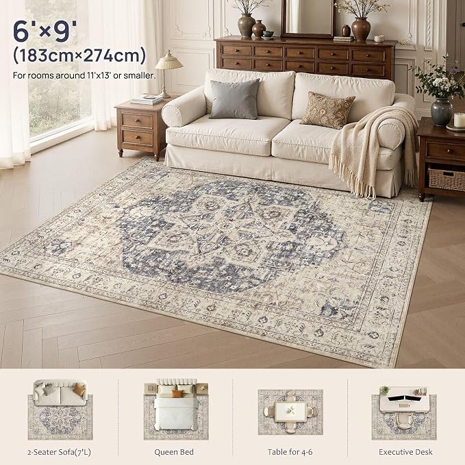 Tortania Area Rug Living Room Rugs - 6x9 Washable Boho Rug Vintage Oriental Distressed Farmhouse Large Thin Indoor Carpet for Living Room Bedroom Under Dining Table Home Office - Cream Blue