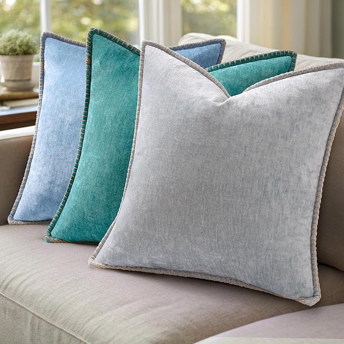 decorUhome Soft Chenille Throw Pillow Covers 20x20 Set of 2 Turquoise | Fall Textured Decorative Throw Pillow Cases Stitched Edge Modern Farmhouse Luxury Boho Velvet for Couch Sofa Bed Home Decor