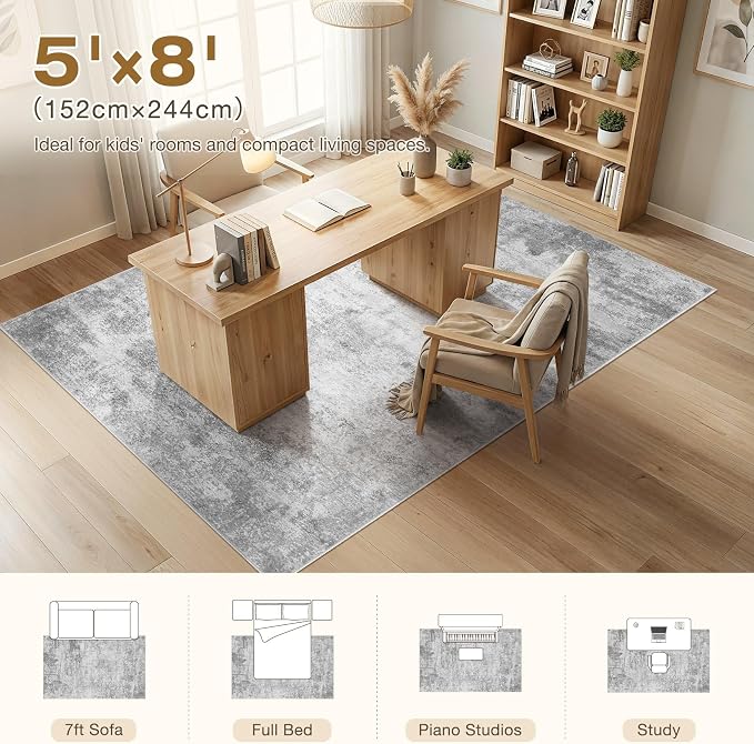 cotiled 5x8 Area Rug Abstract Soft Non Slip Washable Rugs for Living Room | Stain Resistant, Robot Vacuum & Pet Friendly, Low-pile, For Living Room, Bedroom, Dining Table, Nursery Grey