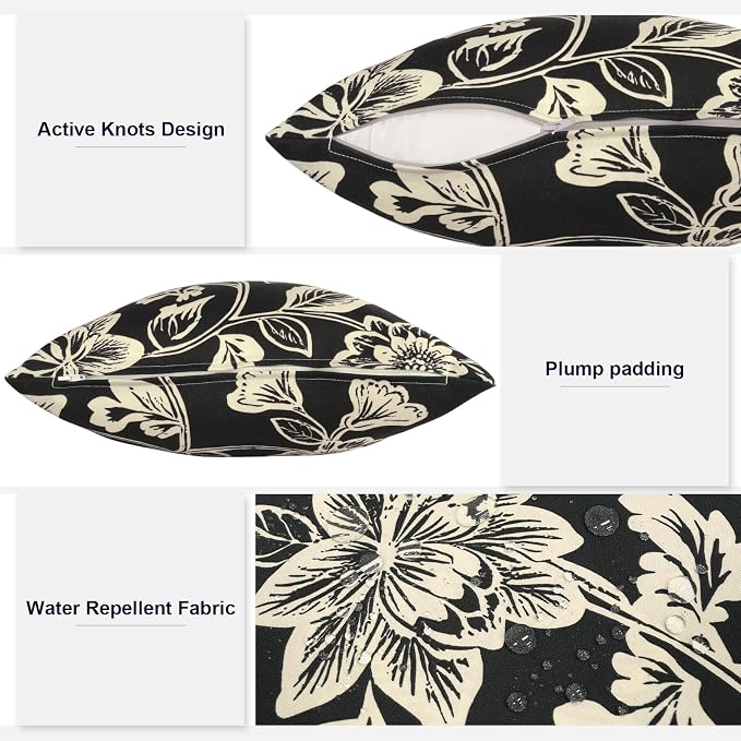 Outdoor 20x20 Inch Throw Pillows with Inners, Square Pillows Decorative Set of 2 for Home Garden Furniture, Elegant Vines Black