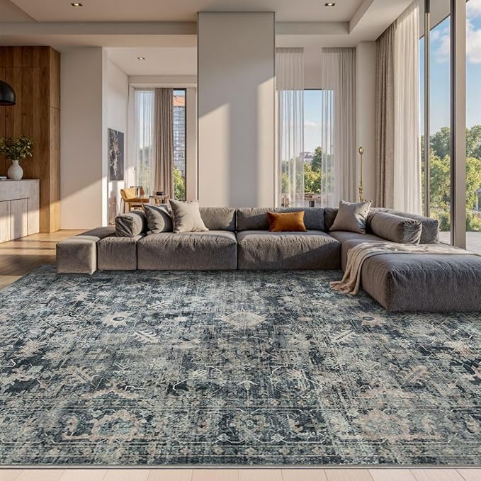 Rugxara Blue 10x14 Area Rugs for Living Room Bedroom Large Washable Rug | Non Slip, Rug for Dining Room Office Farmhouse, Stain Resistant, Soft, Low Pile, Vintage Boho Carpet, Home Decor