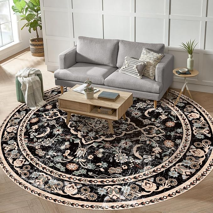 Vhong Boho Area Rugs Vintage Washable Modern Neutral Carpet Black 8×8 High Traffic Round Rugs for Dinning Room Living Room Bedroom Farmhouse Non Slip