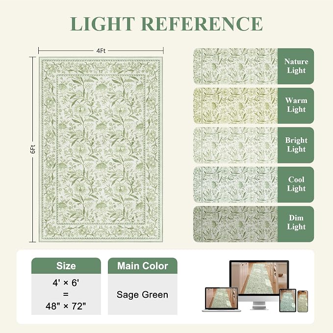 DUKINO 4x6 Area Rug, Washable Vintage Floral Rug for Living Room Sage Green | Non Slip, Low Pile, Stain Resistant Boho Lightweight Soft Indoor Carpet for Bedroom Office Dining Room Entryway Farmhouse