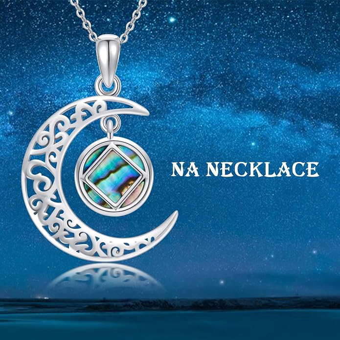 Sobriety Alcoholics Anonymous Necklace Sterling Silver AA Thors Hammer/Moon Pendant Recovery Symbol Jewelry for Women Her