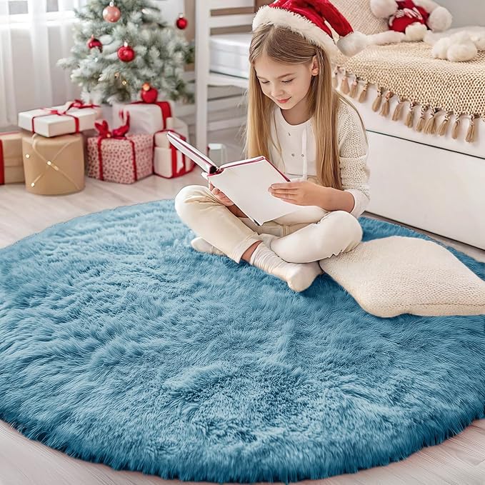OLANLY Slate Blue Round Rugs for Bedroom - Machine Washable, 4 ft Circle Area Rugs for Living Room, Soft and Fluffy Shaggy Carpet for Teen Girl and Boys, Nursery Rooms, Dorms, Home Decor Aesthetic