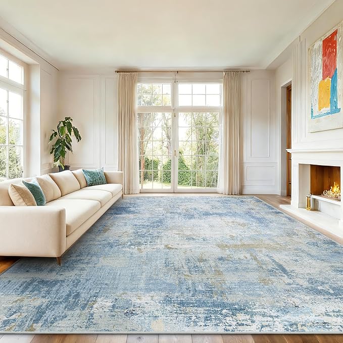 AMADA HOMEFURNISHING 9x12 Area Rugs for Living Room, Modern Large Area Rugs with Non-Slip Backing & Low Pile, Neutral Soft Washable Rug for Nursery, Bedroom, Dinning Room, Playroom, Light Blue