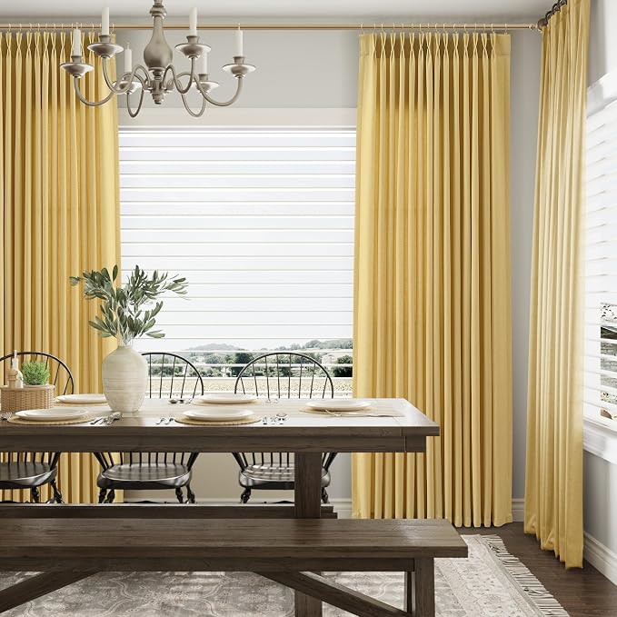 Aersas Yellow Pinch Pleated Linen Curtains 96 Inches Back Tab Flax Texture Fabric Vertical Light Filtering Semi Sheer Window Decorations for Living Room Balcony Bedroom with Hooks, 40x96 Inch