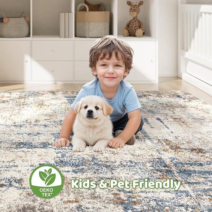 12x15 Area Rug Washable Rugs: Living Room Large Abstract Modern Soft Stain Resistant Indoor Floor Non Slip Accent Carpet for Bedroom Nursery Playroom Office Dining Room Dorm Home House- Tan
