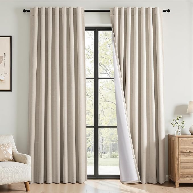 Topfinel 84 Inch Long Oatmeal Linen Blackout Back Tab Curtains, Thermal Insulated Pinch Pleat Drapes for Aesthetic Bedroom Window,cortinas Blackout para dormitorio, White Sand Oatmeal 52" W*84" L
