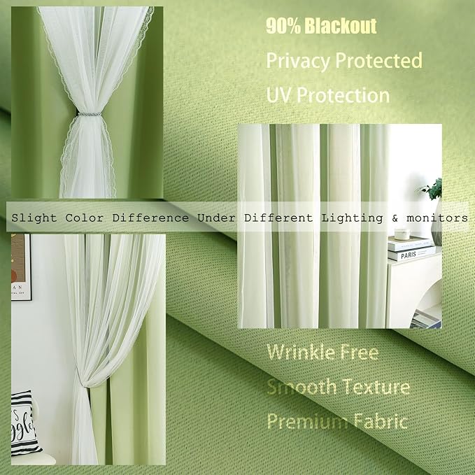 Sage Green Blackout Curtains - 2 PCs Double Layer Blackout Curtains, Sheer Voile with Lace Hems, Light Block Panels Mix & Match Window Decor for Bedroom,Dining Room, Kids Room, 52"x84"