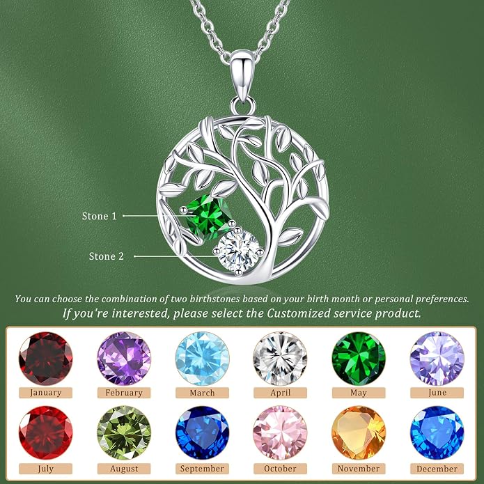Tree of Life Birthstone Necklace for Women 925 Sterling Silver Birthstone Pendant 12 Months Necklaces with Zircon Birthday Gifts for Women, Mom, Grandma Cable Chain 18"+2"