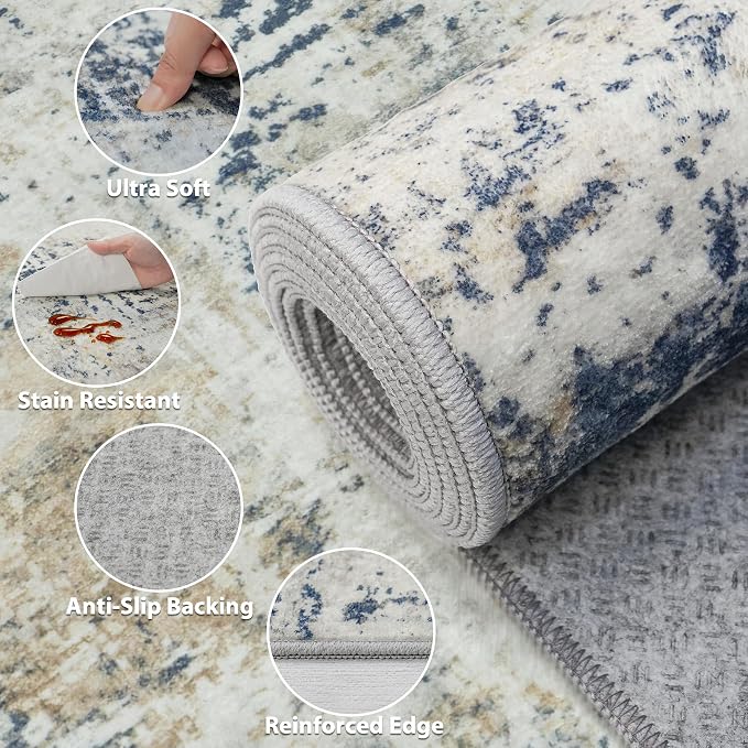 Area Rug Living Room Rugs: 5x7 Washable Rug with Anti-Slip Backing Non-Shedding Stain-Resistant Foldable Modern Abstract Carpet for Bedroom Dining Room Nursery Hallway Home Office Blue Brown