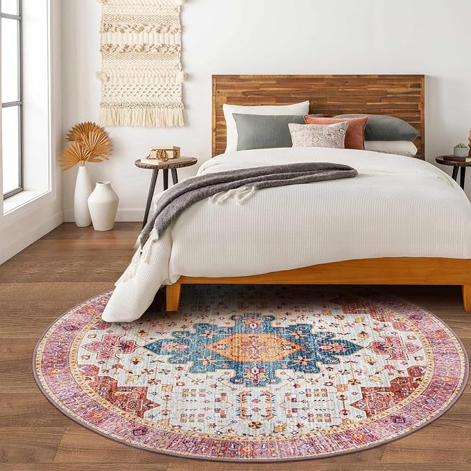 Moynesa Ultra-Thin Washable Round Rug - 6ft Pink Large Living Room Circle Area Rugs, Vintage Dining Room Mat Stain Resistant Nursery Carpet for Bedroom Mudroom Kitchen Apartment Home Office