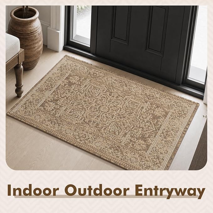 MontVoo-2x3 Outdoor Rug Porch Entryway Rug-Polypropylene Door Mat Indoor Outdoor Entrance Entry Rugs Kitchen Rugs, Textured Weave, Durable, Fade-Resistant, Non-Shedding, Vintage Neutral Brown