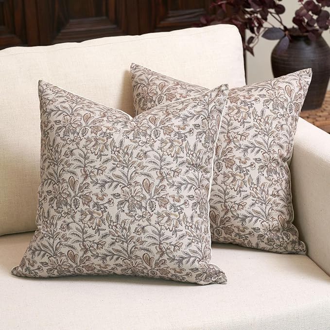 Amor Virisso Floral Throw Pillow Covers 18x18 Set of 2 Vintage Block Print Pillow Covers Decorative Pillow Covers Couch Pillows for Living Room Farmhouse Accent Sofa Pillows, Red/Sand
